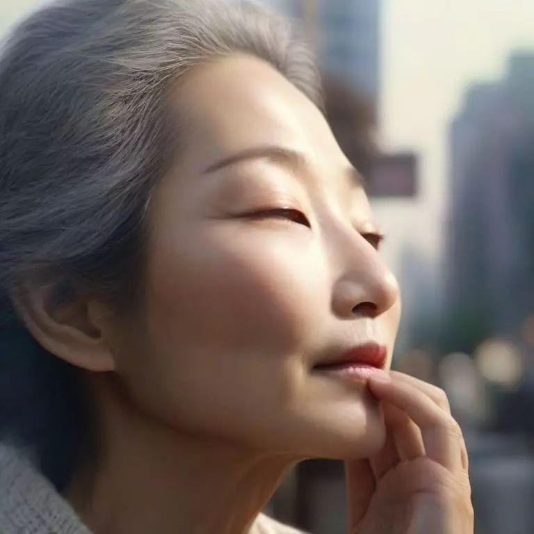 Mujer coreana mayor tocando su menton